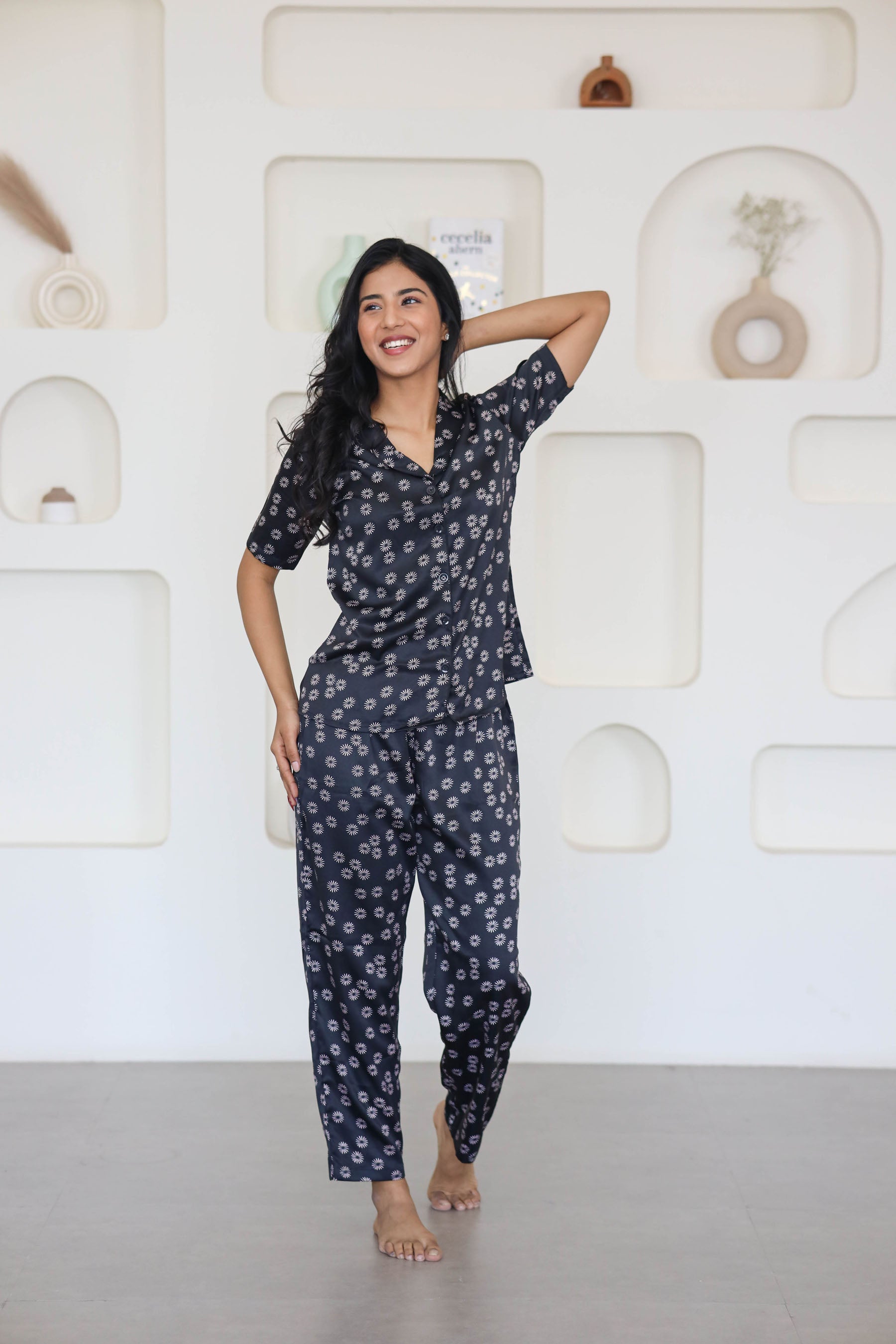 Black Floral Silk Satin Night Suit Night Clothes Online – Smarty