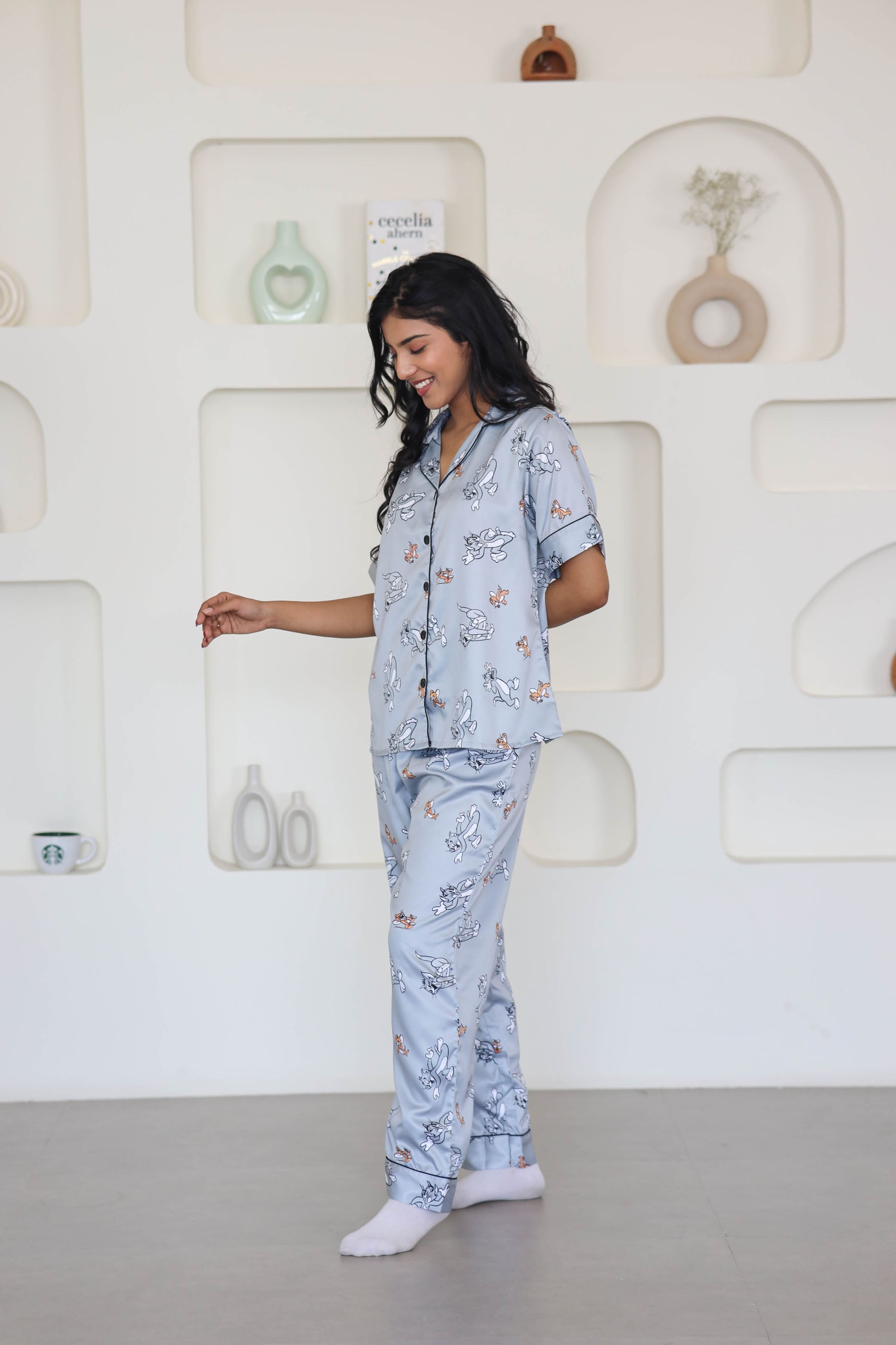 Silk Night Wear Dress For Girl Pastel Grey Tom Jerry Silk Satin