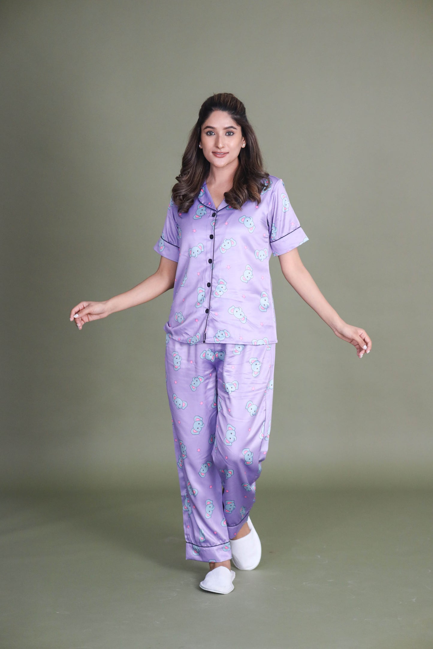 Women's Silk Satin Lilac Color Baby Elephant Print Night Suit