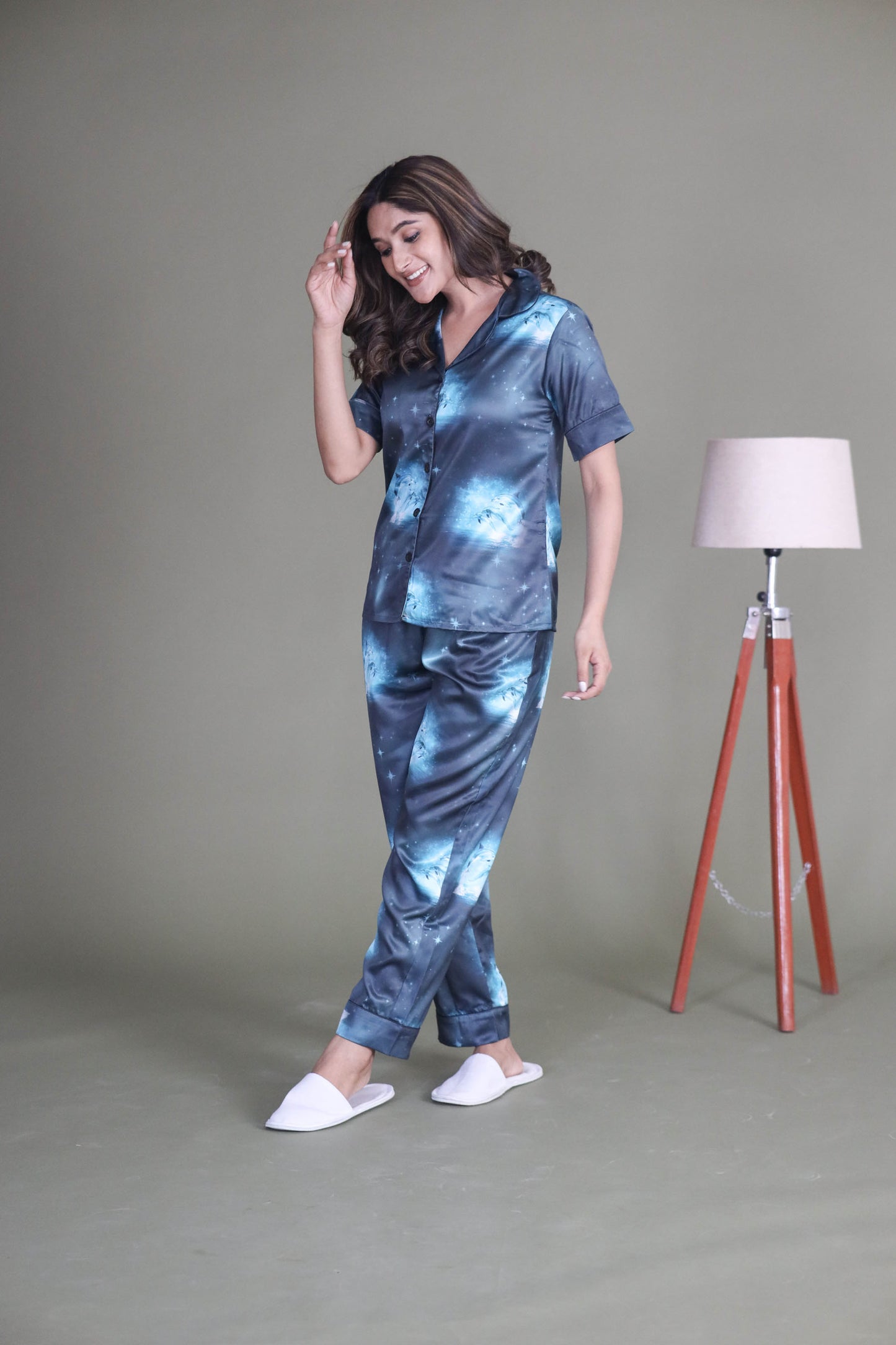 Women's Silk Satin Blue Color Dolphin Print Night Suit