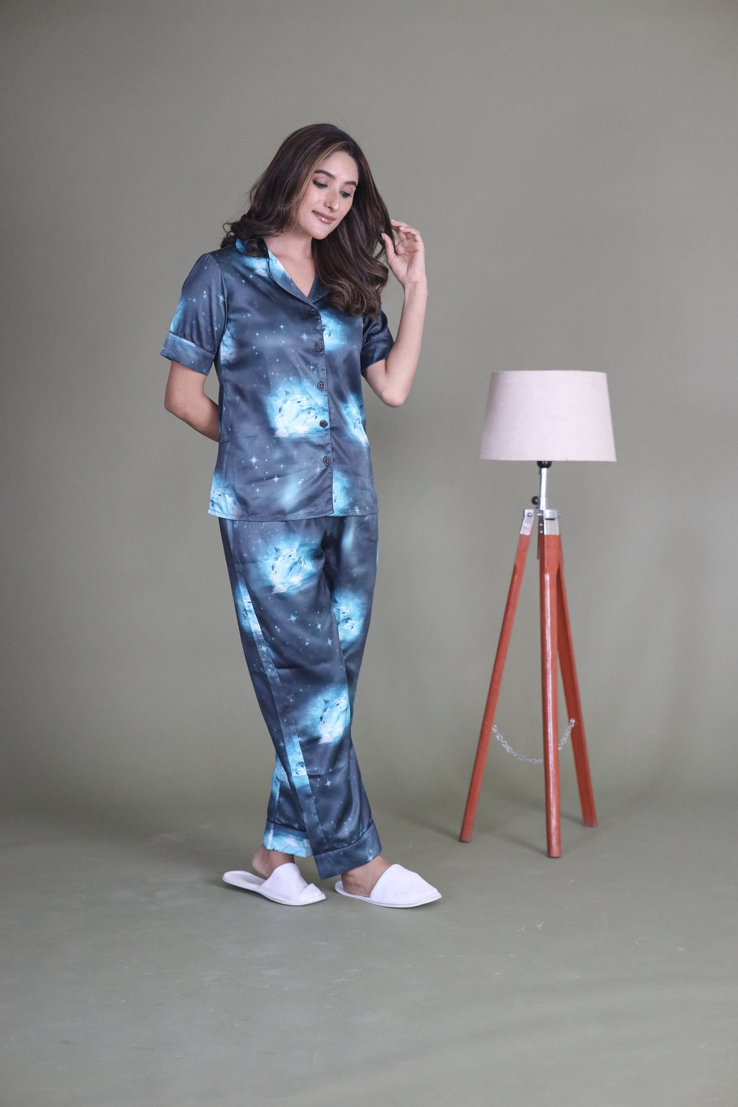 Women's Silk Satin Blue Color Dolphin Print Night Suit