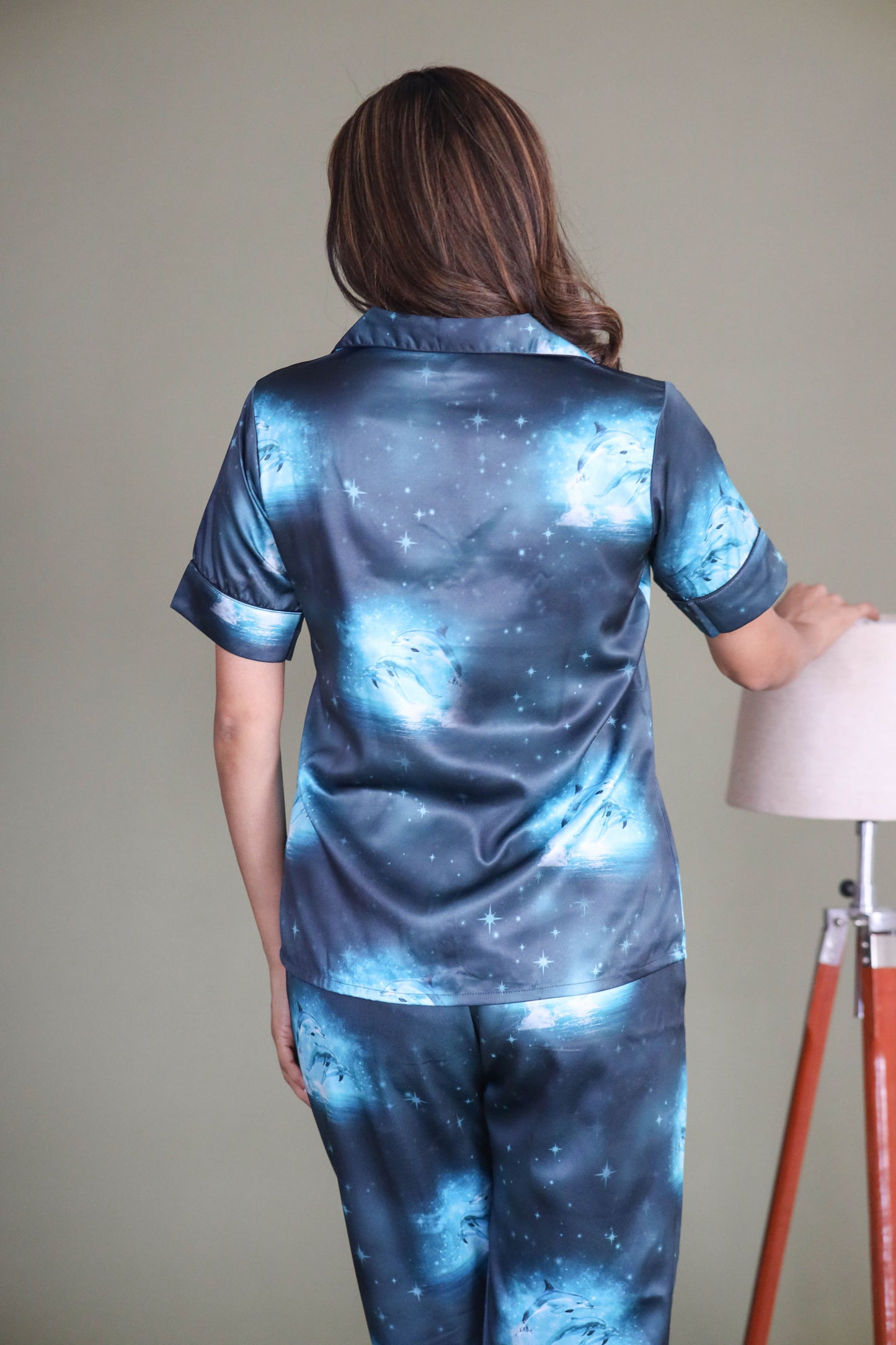 Women's Silk Satin Blue Color Dolphin Print Night Suit