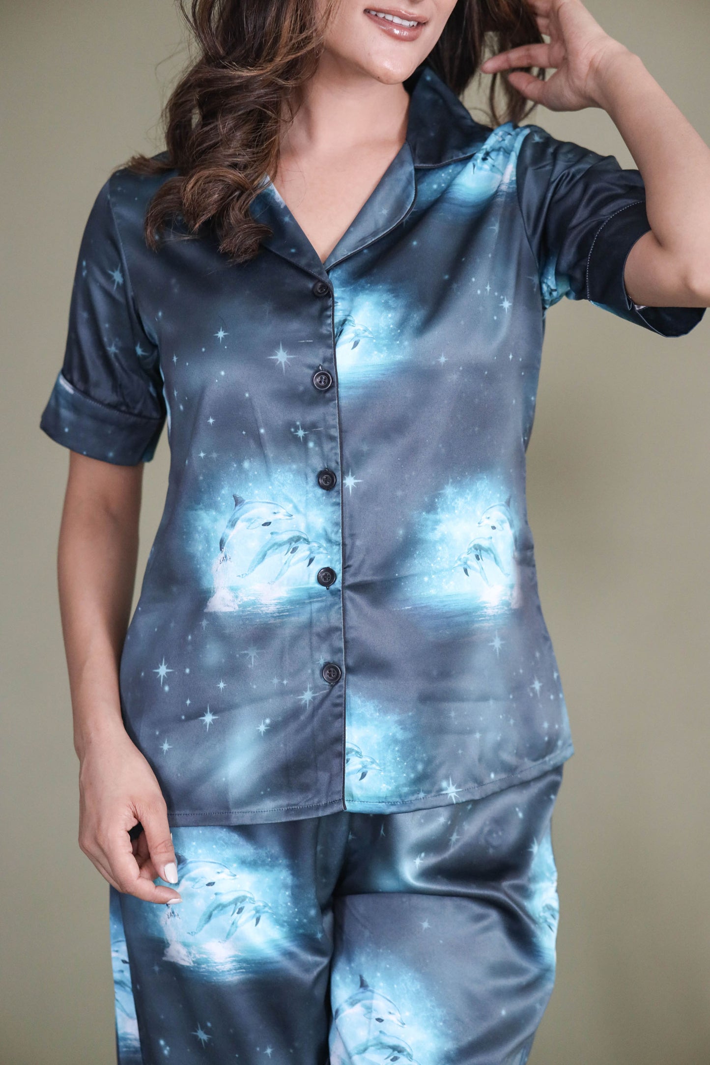 Women's Silk Satin Blue Color Dolphin Print Night Suit
