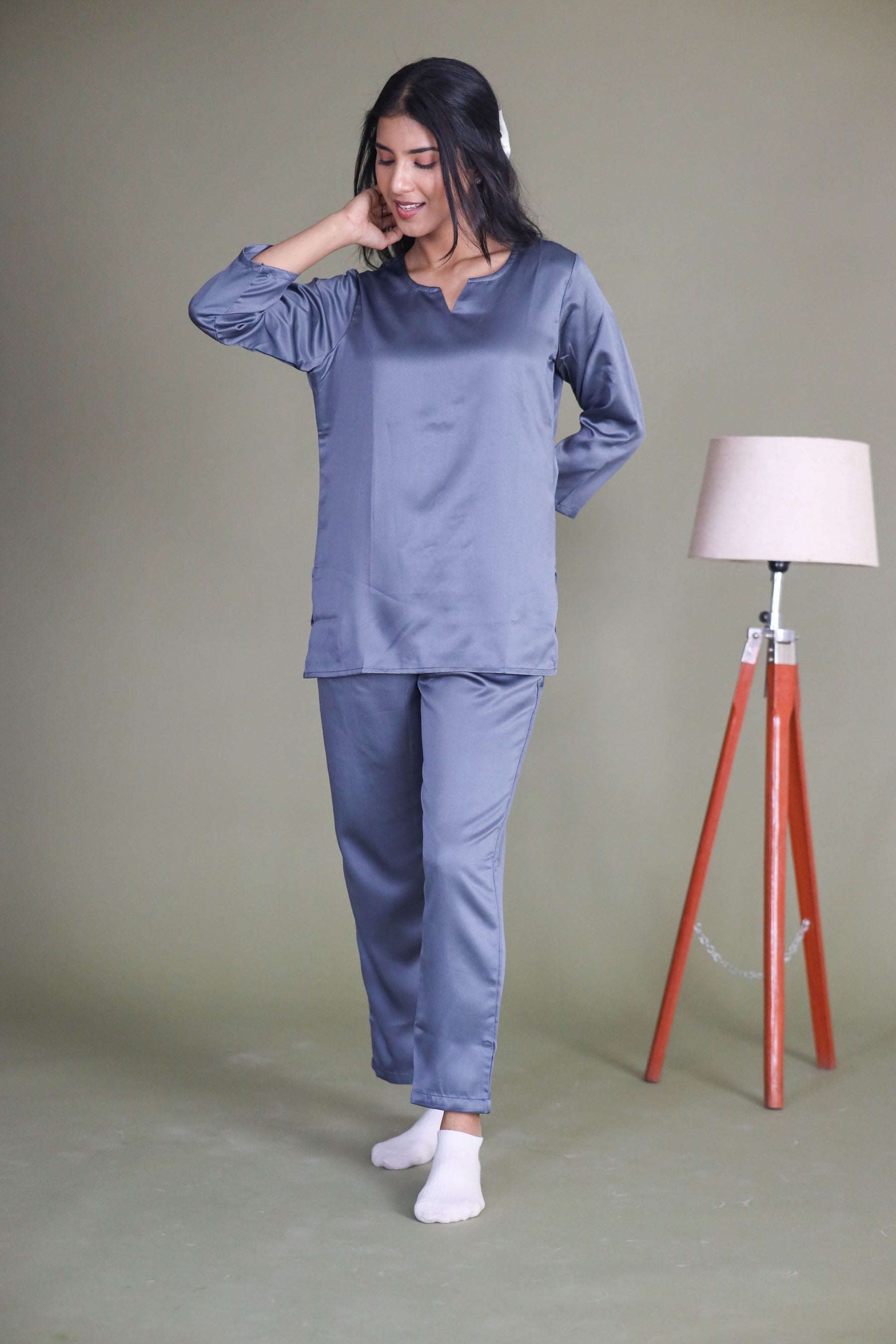 Dark Grey Silk Satin Night Suit Pair Comfortable Wear