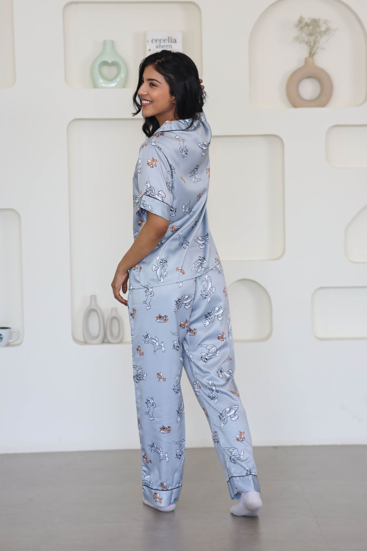 Women's Silk Satin Pastel Grey Color Tom & Jerry Print Night Suit