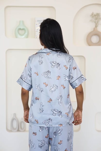 Women's Silk Satin Pastel Grey Color Tom & Jerry Print Night Suit