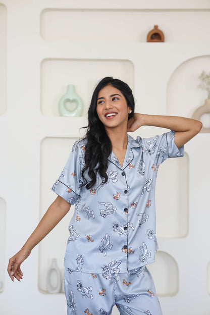 Women's Silk Satin Pastel Grey Color Tom & Jerry Print Night Suit