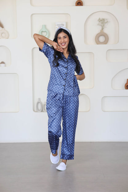 Blue Polka Dot Silk Satin Night Suit Comfortable Night Wear