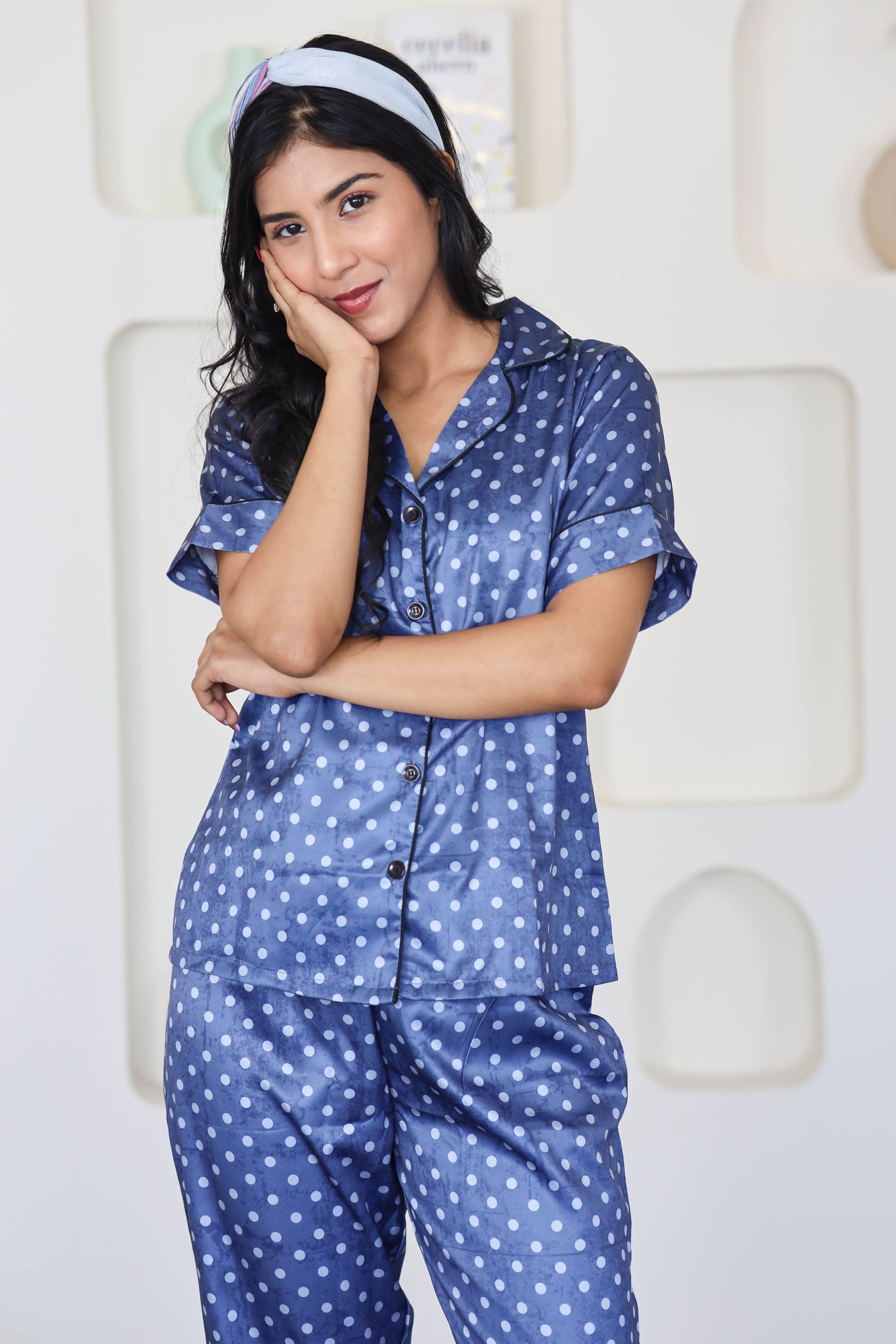Blue Polka Dot Silk Satin Night Suit Comfortable Night Wear