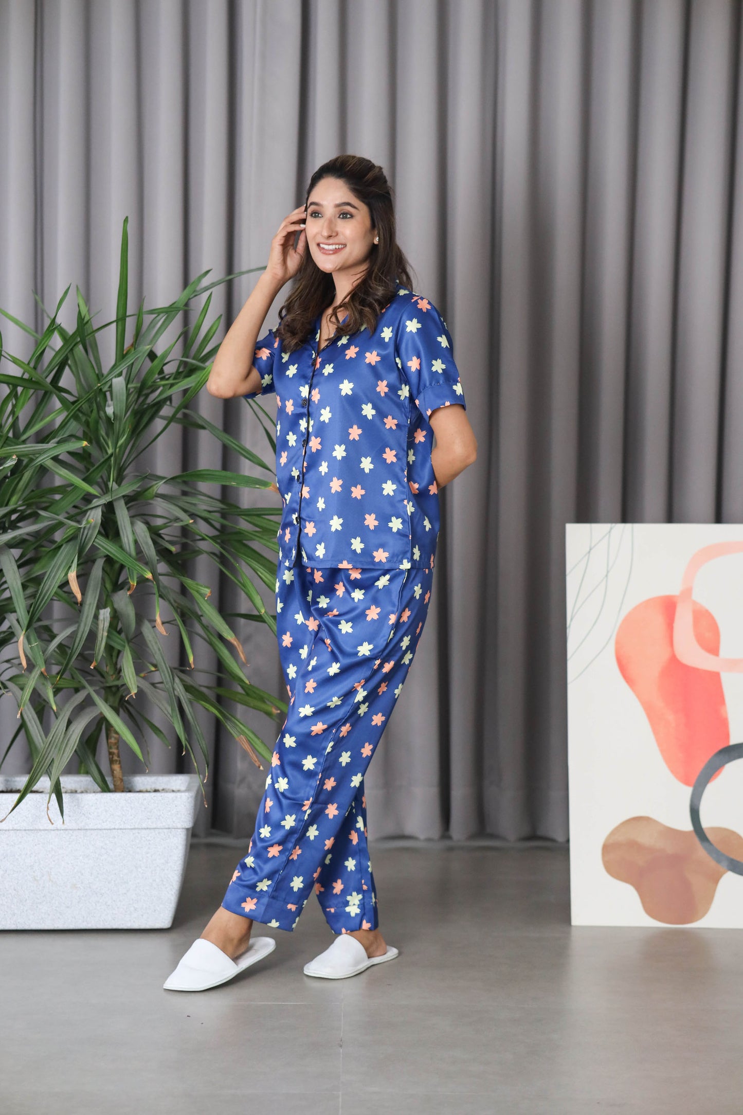 Women's Silk Satin Teal Blue Color Floral Print Night Suit