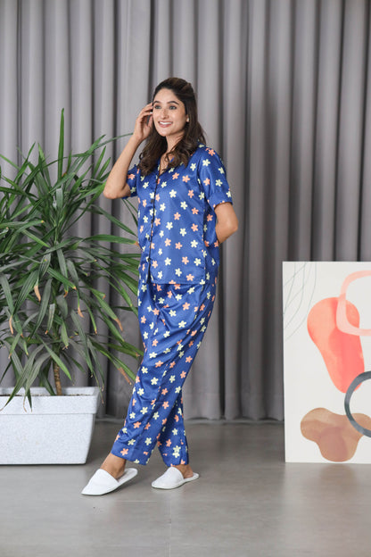 Women's Silk Satin Teal Blue Color Floral Print Night Suit