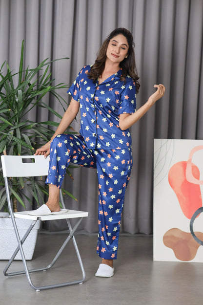 Women's Silk Satin Teal Blue Color Floral Print Night Suit