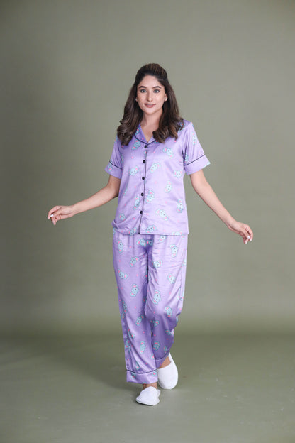 Women's Silk Satin Lilac Color Baby Elephant Print Night Suit