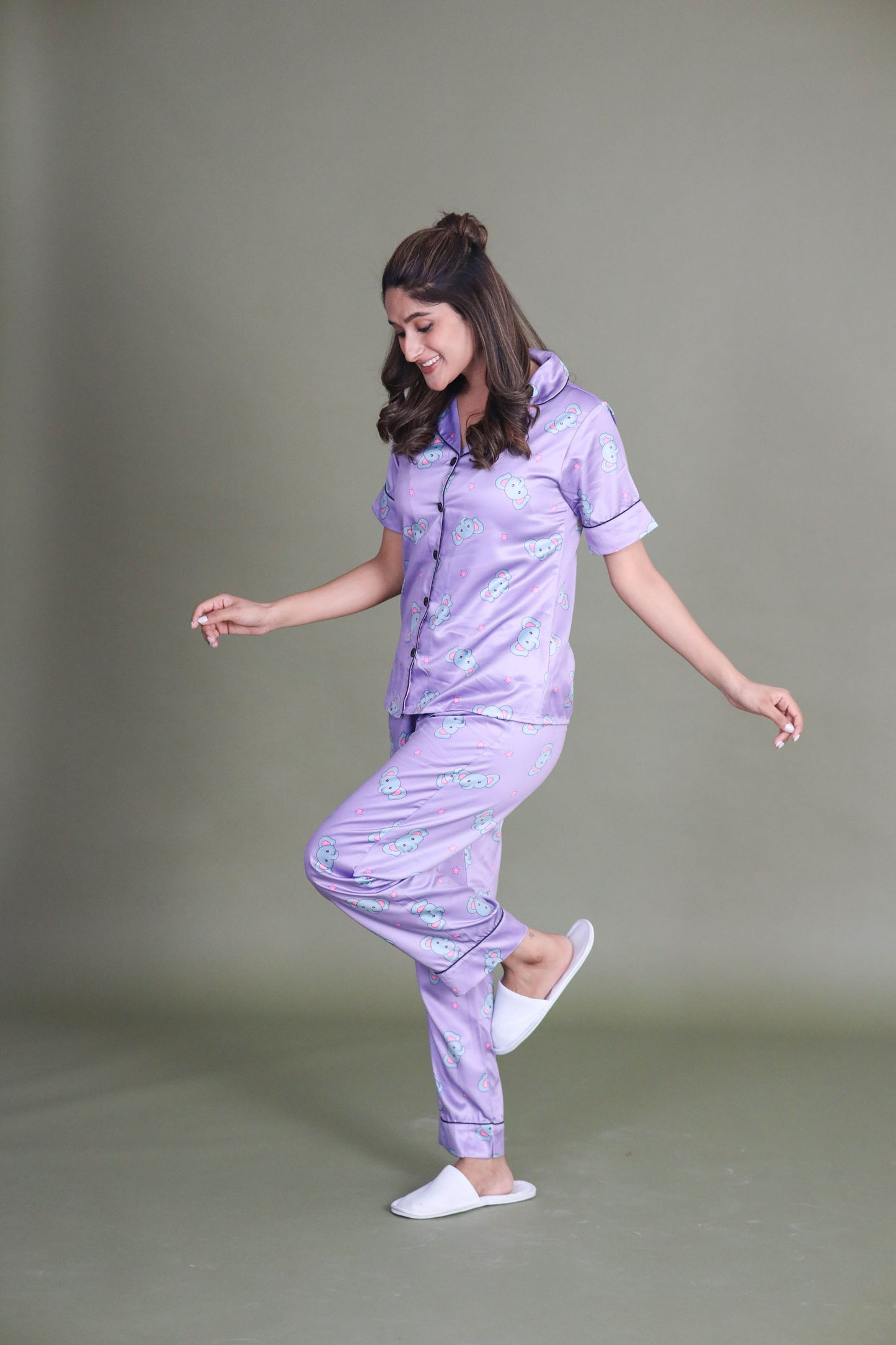 Women's Silk Satin Lilac Color Baby Elephant Print Night Suit