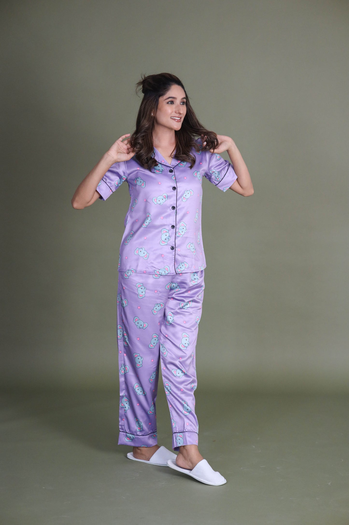 Women's Silk Satin Lilac Color Baby Elephant Print Night Suit