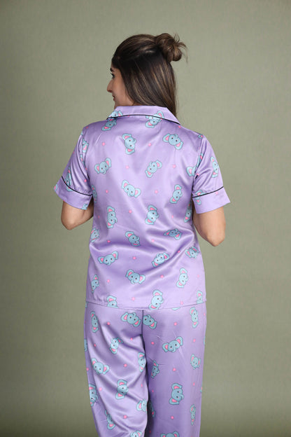 Women's Silk Satin Lilac Color Baby Elephant Print Night Suit