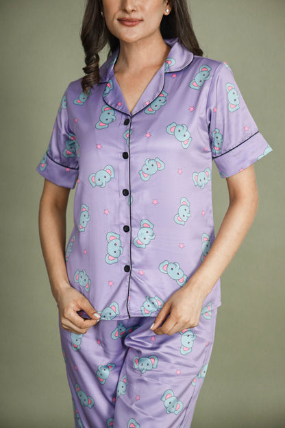 Women's Silk Satin Lilac Color Baby Elephant Print Night Suit