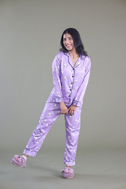 Women's Silk Satin Lilac Color Snoopy Print Full Sleeves Night Suit