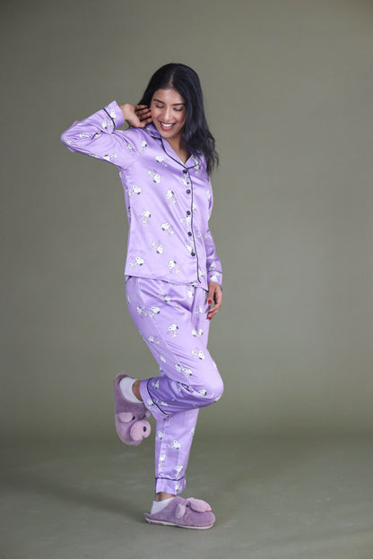 Women's Silk Satin Lilac Color Snoopy Print Full Sleeves Night Suit