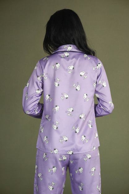 Women's Silk Satin Lilac Color Snoopy Print Full Sleeves Night Suit