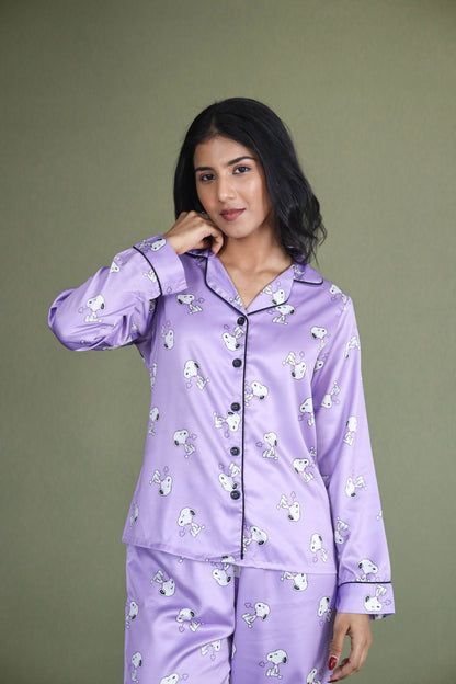 Women's Silk Satin Lilac Color Snoopy Print Full Sleeves Night Suit