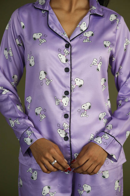 Women's Silk Satin Lilac Color Snoopy Print Full Sleeves Night Suit