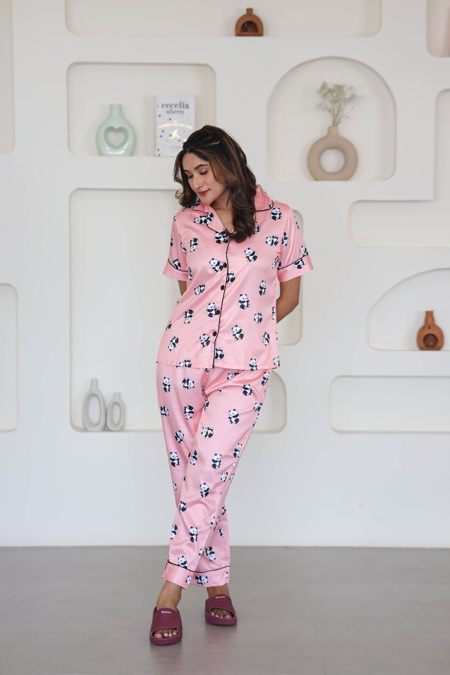 Women's Silk Satin Pink Color Panda Print Lapel Collar Night Suit