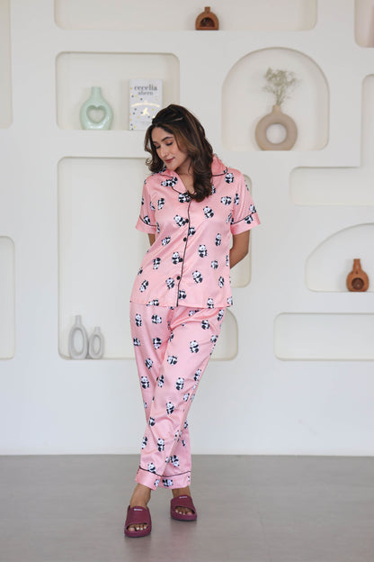 Women's Silk Satin Pink Color Panda Print Lapel Collar Night Suit