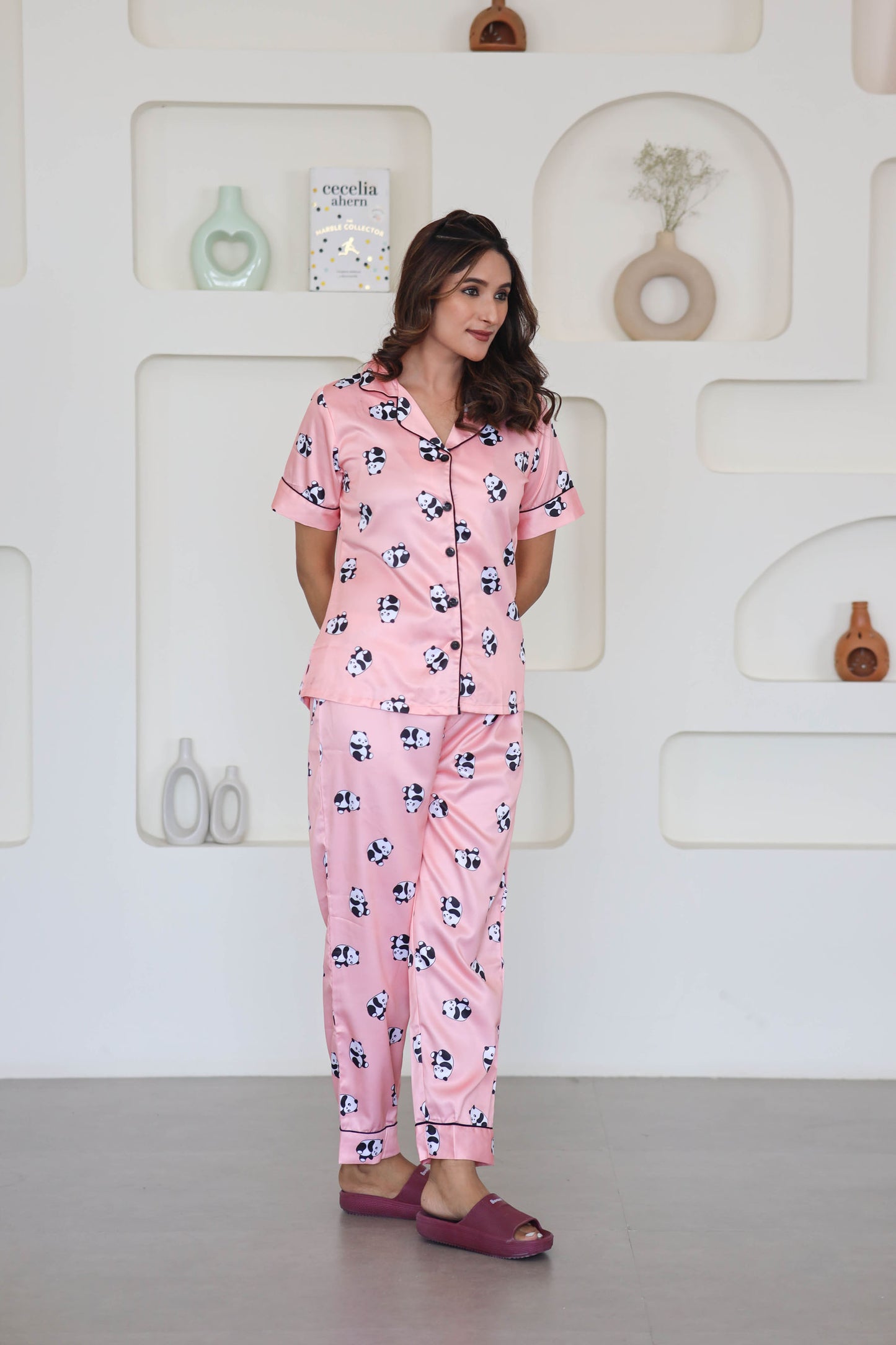 Women's Silk Satin Pink Color Panda Print Lapel Collar Night Suit