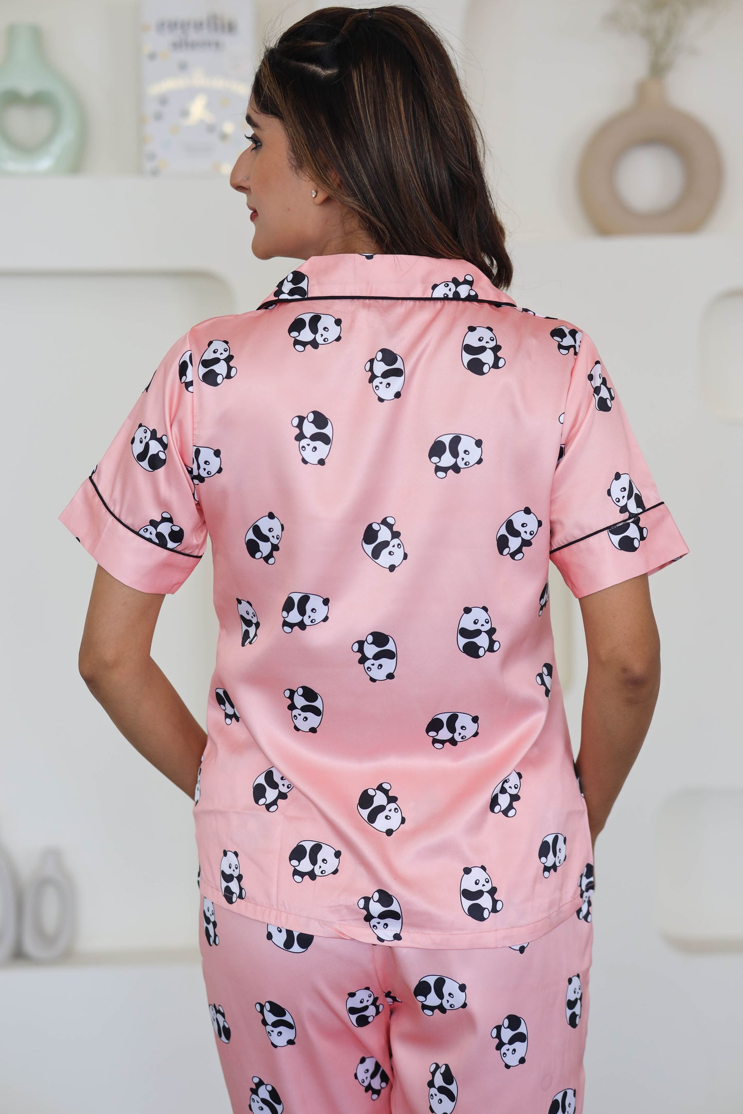Women's Silk Satin Pink Color Panda Print Lapel Collar Night Suit