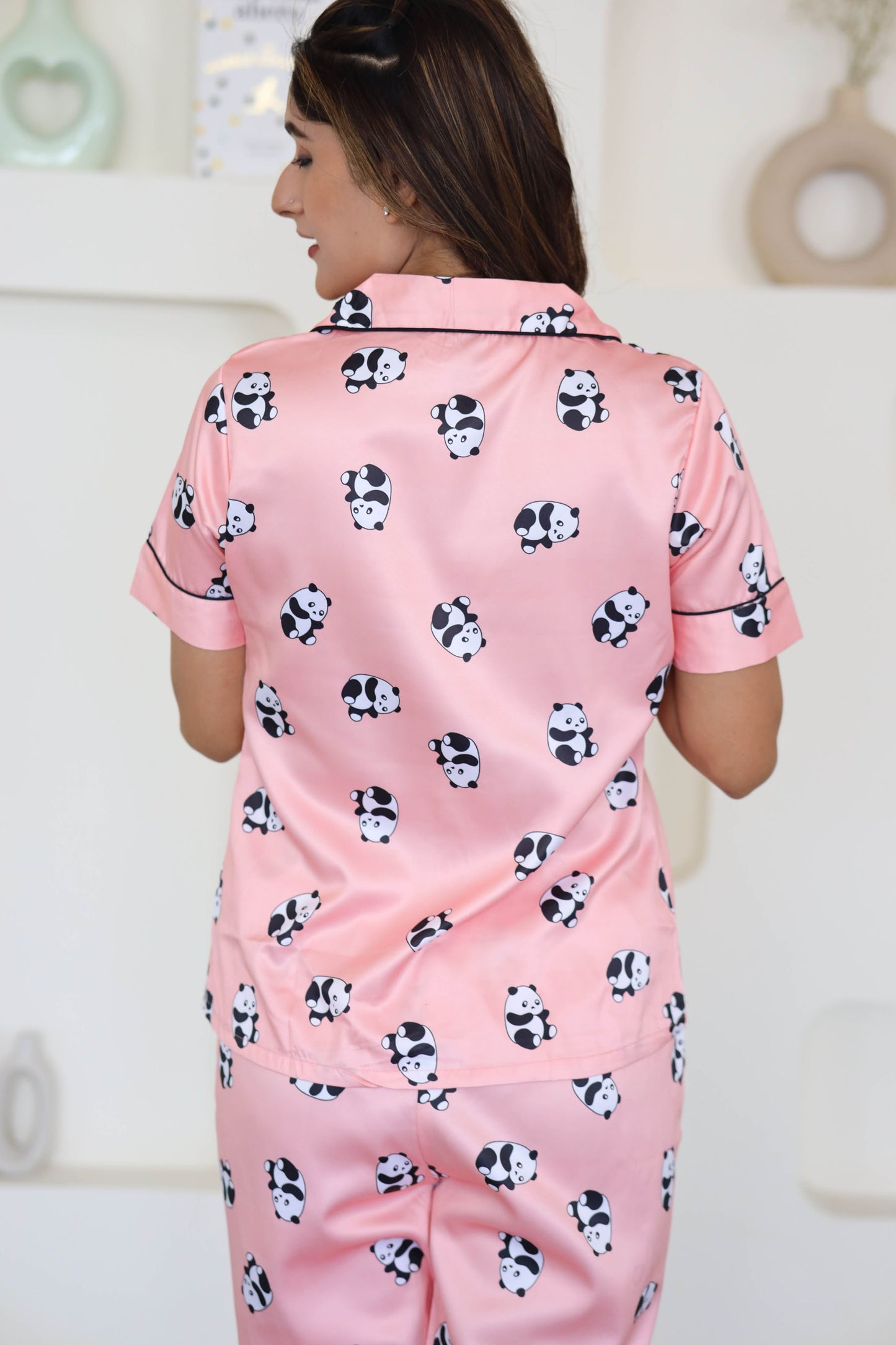 Women's Silk Satin Pink Color Panda Print Lapel Collar Night Suit