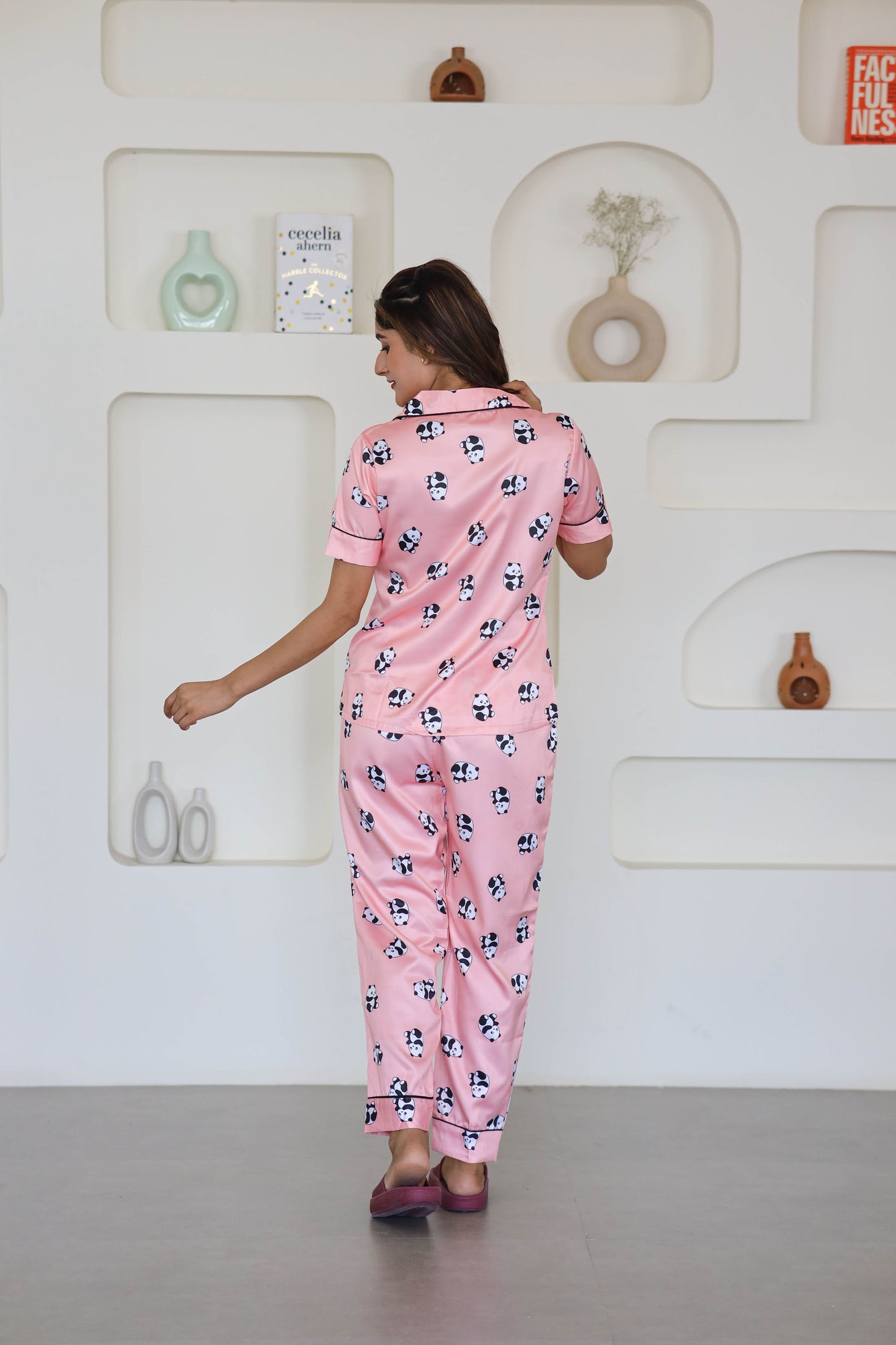 Women's Silk Satin Pink Color Panda Print Lapel Collar Night Suit