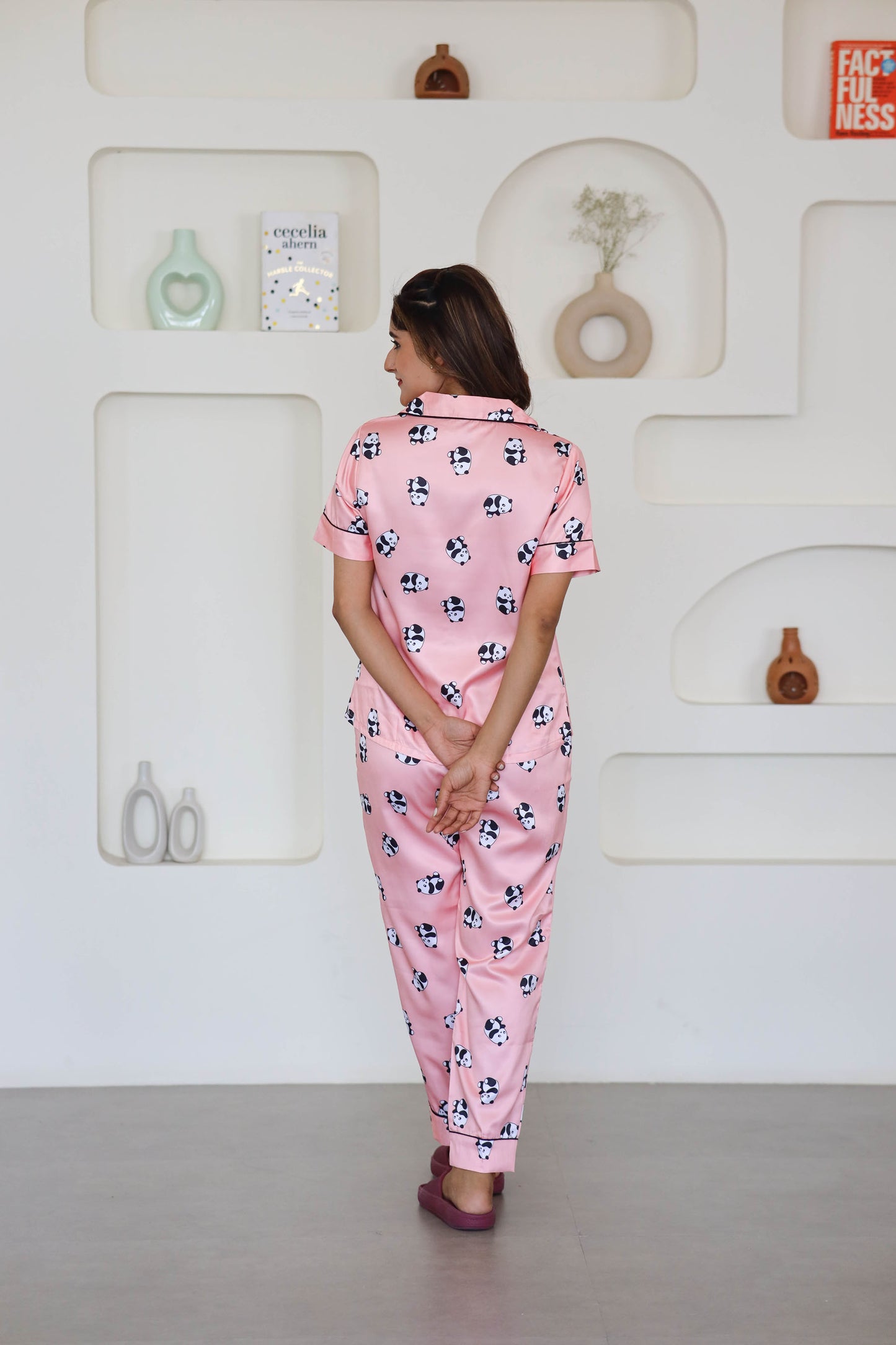 Women's Silk Satin Pink Color Panda Print Lapel Collar Night Suit
