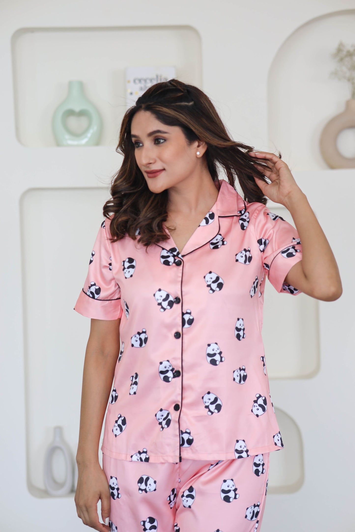 Women's Silk Satin Pink Color Panda Print Lapel Collar Night Suit