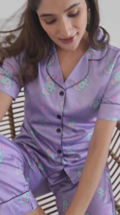 Women's Silk Satin Lilac Color Baby Elephant Print Night Suit