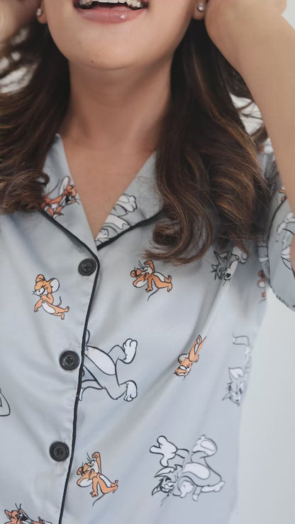 Women's Silk Satin Pastel Grey Color Tom & Jerry Print Night Suit