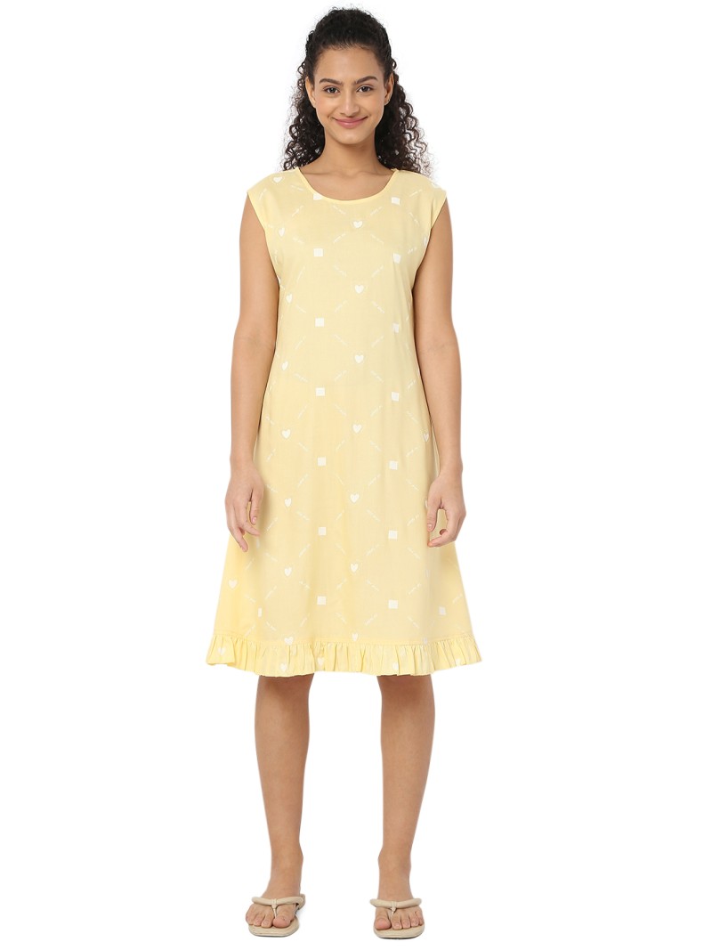 Smarty Pants women's cotton yellow color heart print sleeveless night dress. (SMND-808D)