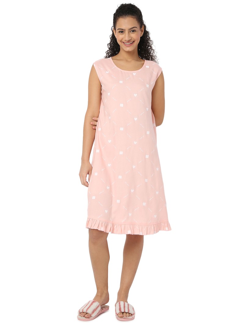 Smarty Pants women's cotton peach color heart print sleeveless night dress. (SMND-808F)