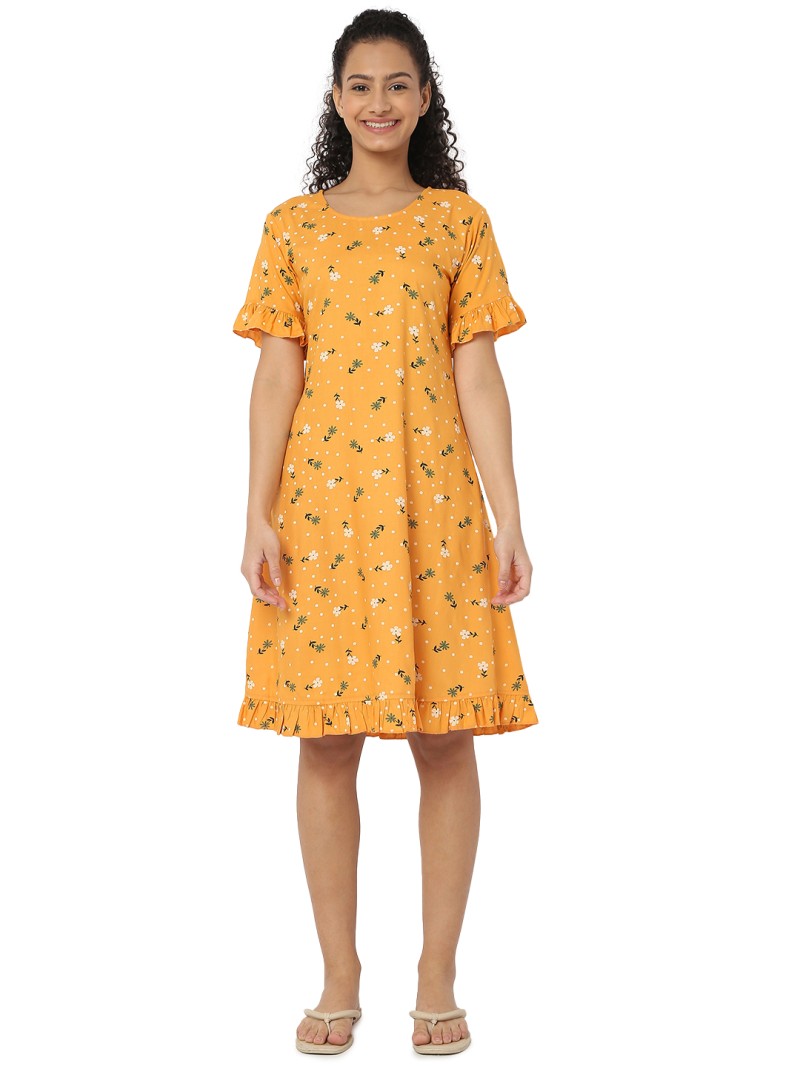 Mustard Color Floral Print Night Dress by Smarty Pants