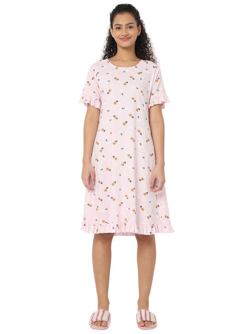 Rose Pink Color Floral Print Night Dress by Smarty Pants