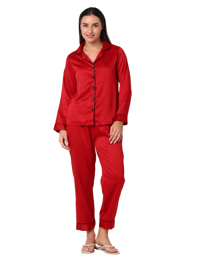 Smarty Pants women's silk satin solid maroon color night suit.(SMNSP-385D)