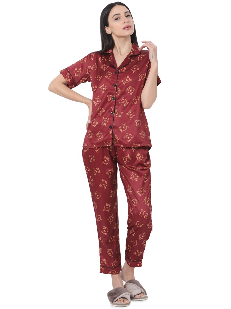 Smarty Pants women's silk satin maroon color pooh print night suit. (SMNSP-439)