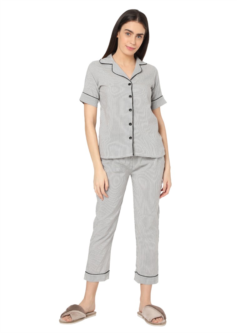 Smarty Pants women's grey & white stripes cotton night suit 