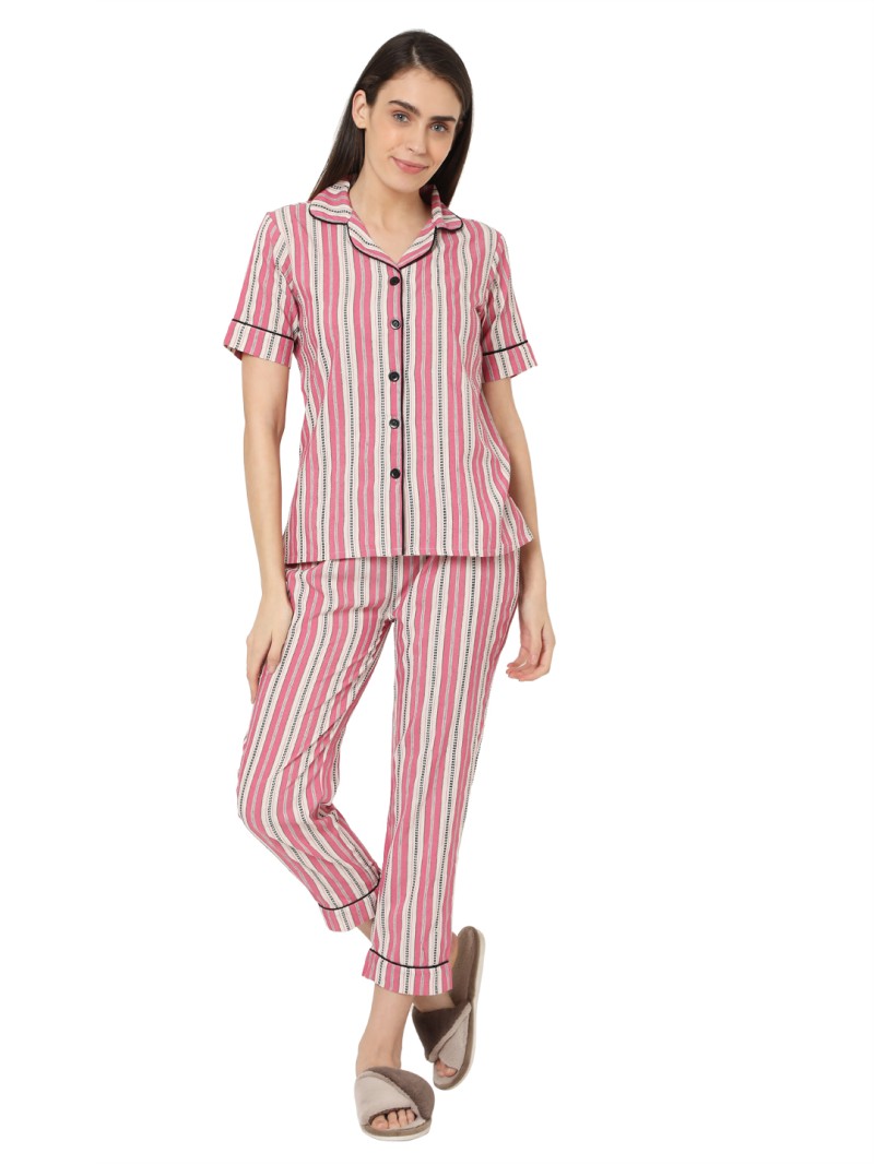 Smarty Pants women's pink & white stripes cotton night suit 