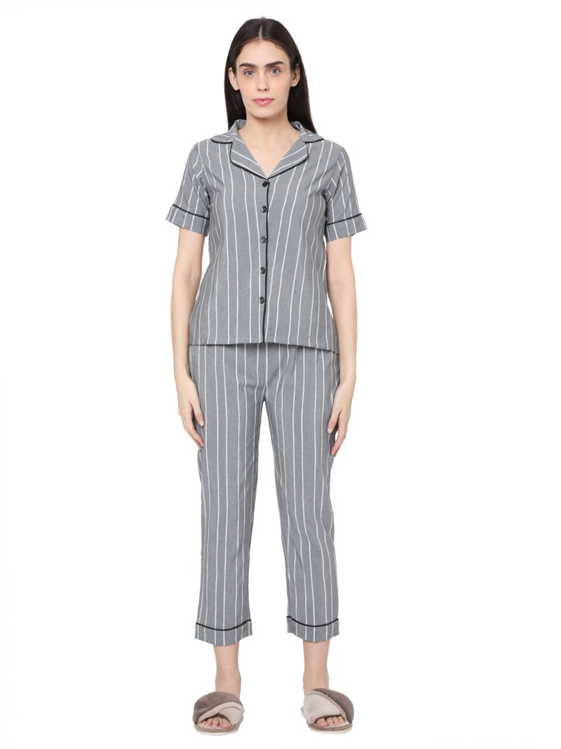 Smarty Pants women's grey & white stripes cotton fabric night suit 
