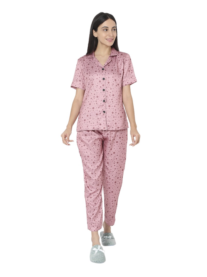 Smarty Pants women's silk satin mauve pink color polka dot night suit. (SMNSP-472D)
