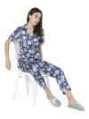 Women Silk Satin Blue Color Dog & Paw Print Nightwear
