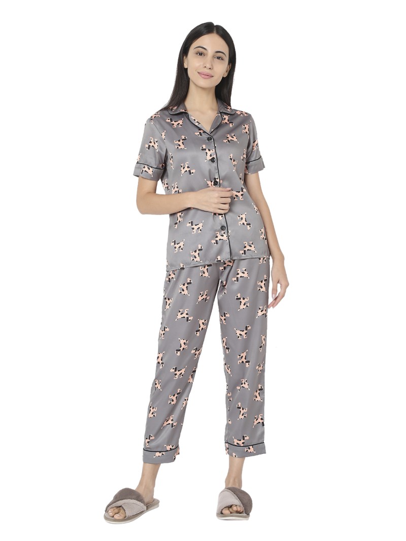 Ladies Silk Satin Grey Dog Print Night Suit (SMNSP-480)