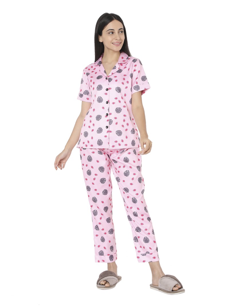 Smarty Pants women's silk satin pink color palm leaf print night suit. (SMNSP-482)
