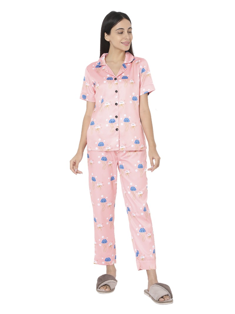 Smarty Pants women's silk satin pastel pink color jelly fish print night suit. (SMNSP-483)